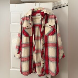 Plaid womens shacket Jacket with Red and Cream Accents